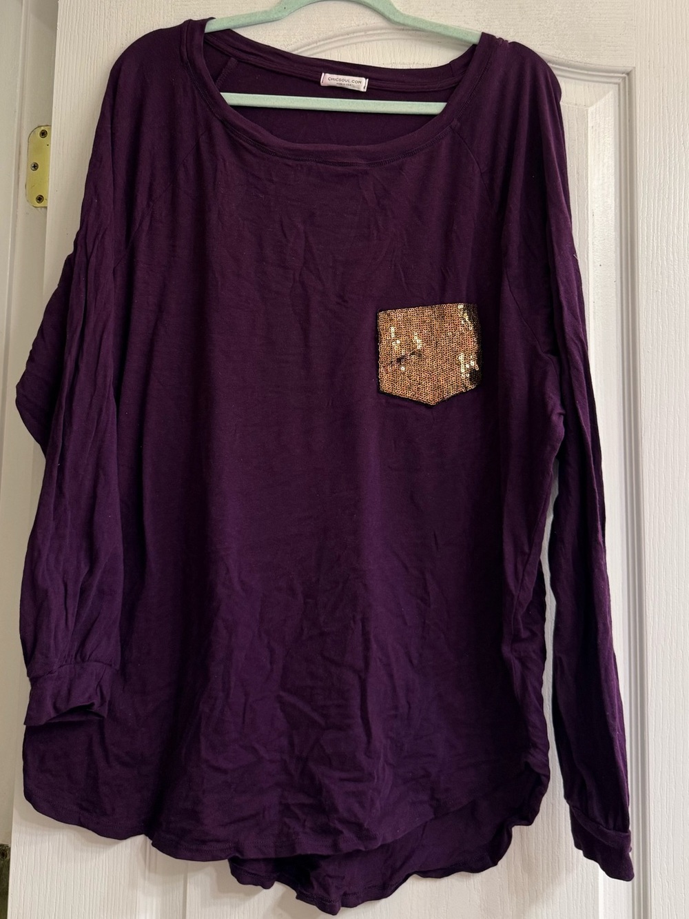 Chic Soul Purple Gold Holiday Sequin Curved Hem Slouchy Dolman Tunic - size 1x